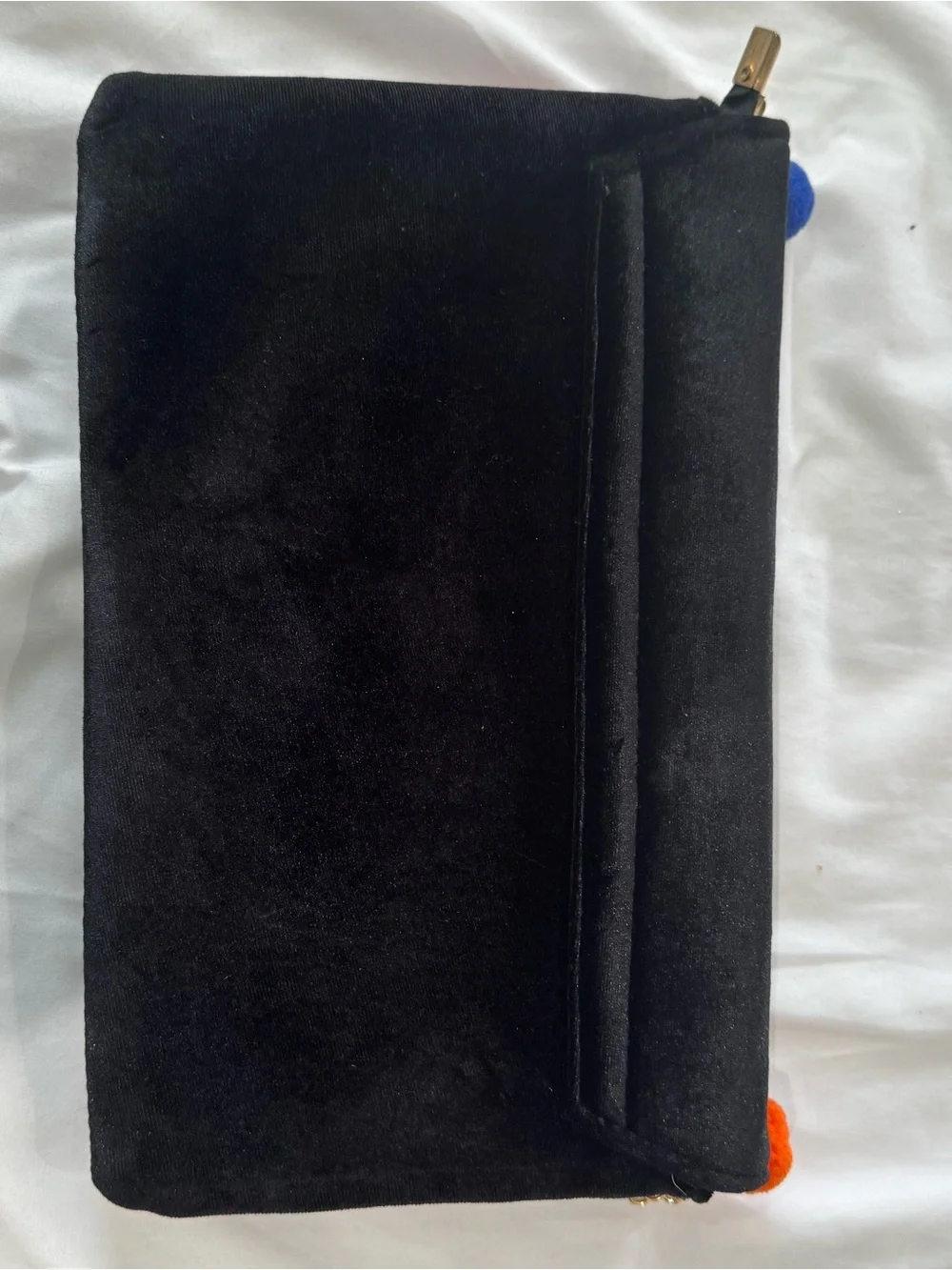Embroidered Black Clutch with Multicolor Pom-Pom Chain